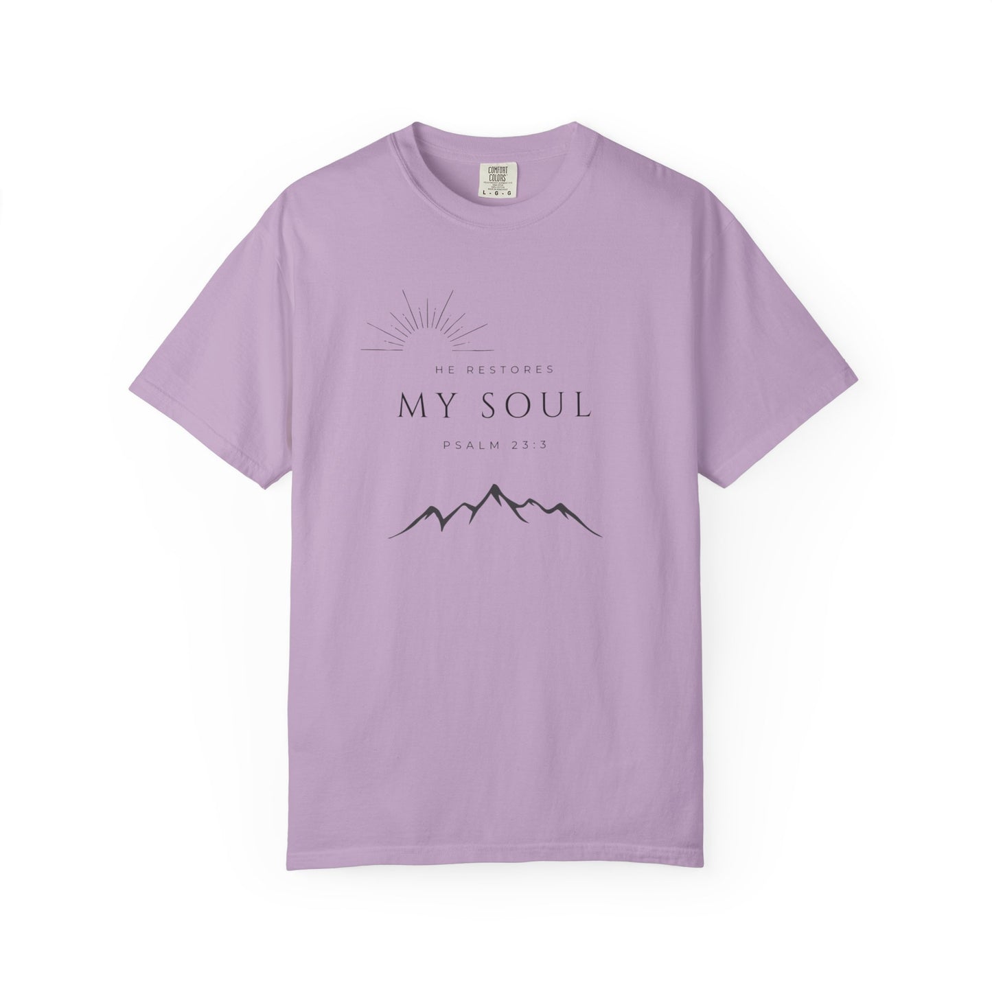 Psalm 23:3 Inspirational Mountain T-Shirt - "He Restores My Soul" Psalm 23:3, Faith Apparel, Christian Gift, Nature Lover Tee, Unisex Cotton Shirt