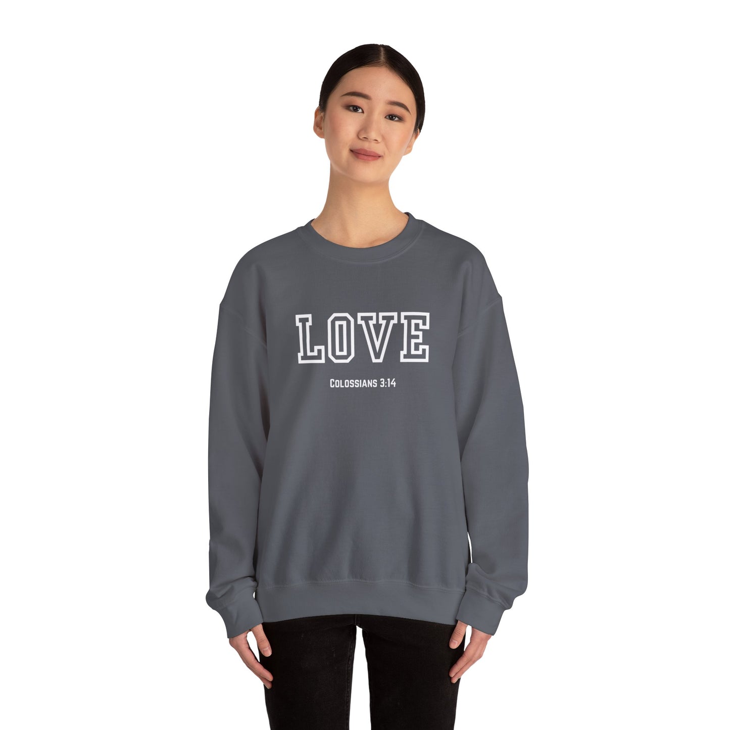 Love Crewneck Sweatshirt, Unisex Fashion, Comfortable Gift, Colossians 3:14 Design, Cozy Casual Wear, Perfect for Any Occasion