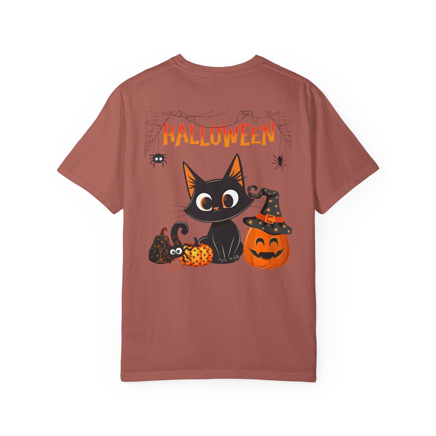 Halloween Spider Cat & Pumpkin Tee Unisex Garment-Dyed T-shirt, Black & White, Vintage Western, Western lover gifts