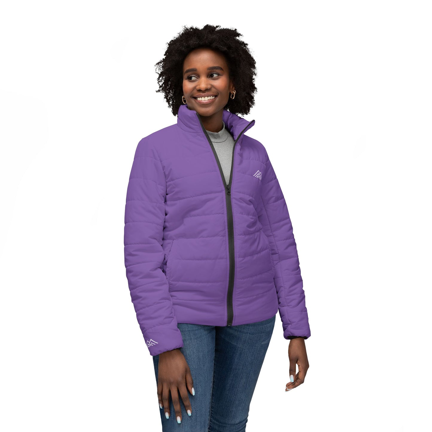 Purple Double Mountain Stylish Women’s Puffer Jacket, Cozy Outerwear for Winter, Perfect Gift for Her, AOP Jacket for Everyday Wear, Warm Fashion Statement