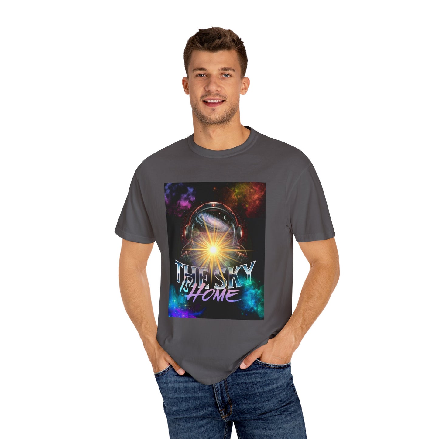 Cosmic Vibe T-Shirt: The Sky is Home Unisex Garment-Dyed Tee, Cute Graphic Shirt, Space Lover Gift, Casual Wear, Art Tee