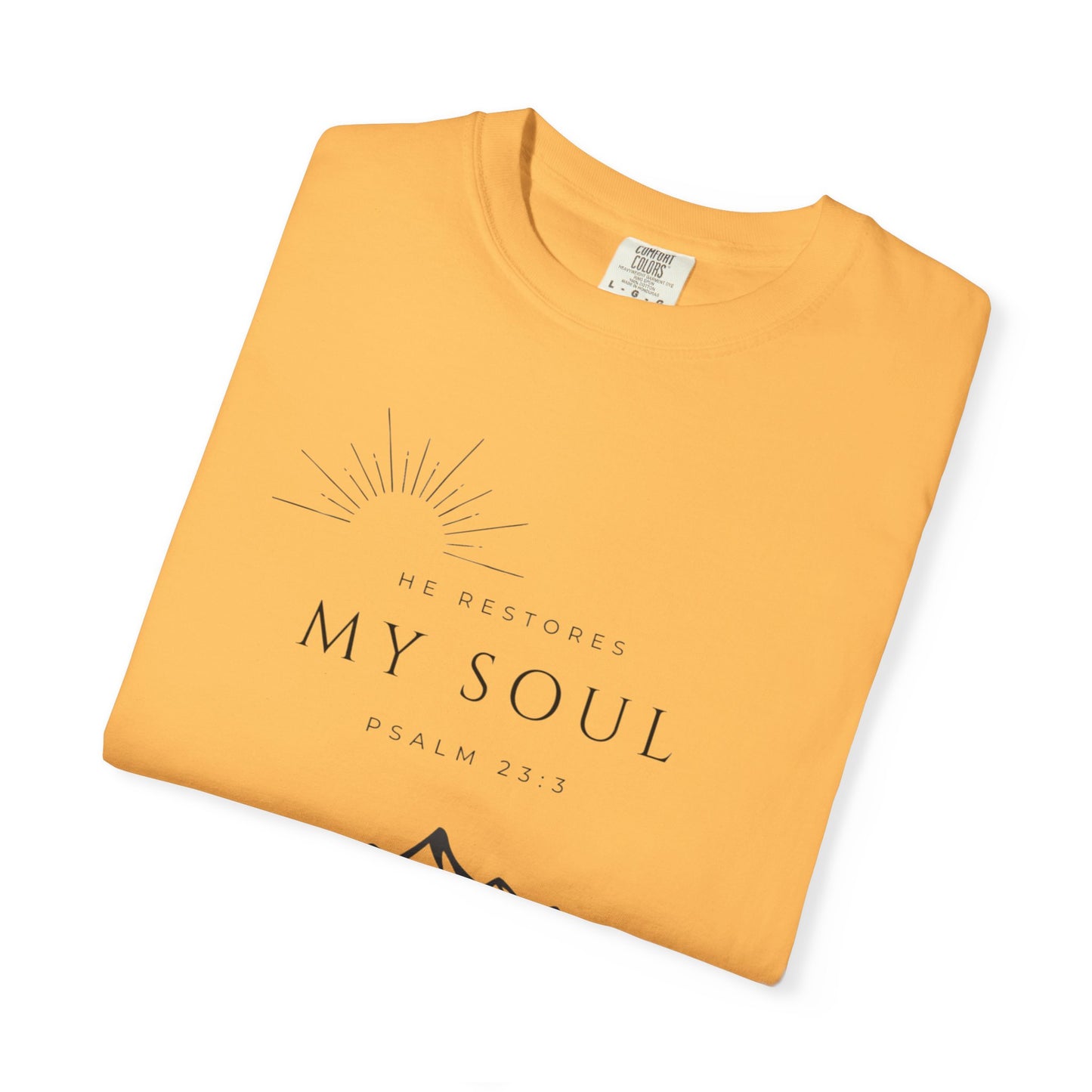 Psalm 23:3 Inspirational Mountain T-Shirt - "He Restores My Soul" Psalm 23:3, Faith Apparel, Christian Gift, Nature Lover Tee, Unisex Cotton Shirt