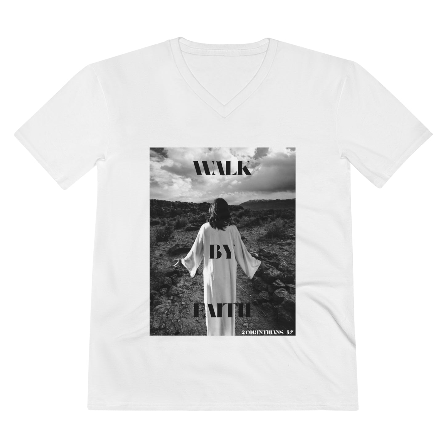 Walk By Faith Tshirt, Jesus, Spiritual, Gift, Christian, Men's Lightweight White V-Neck Tee