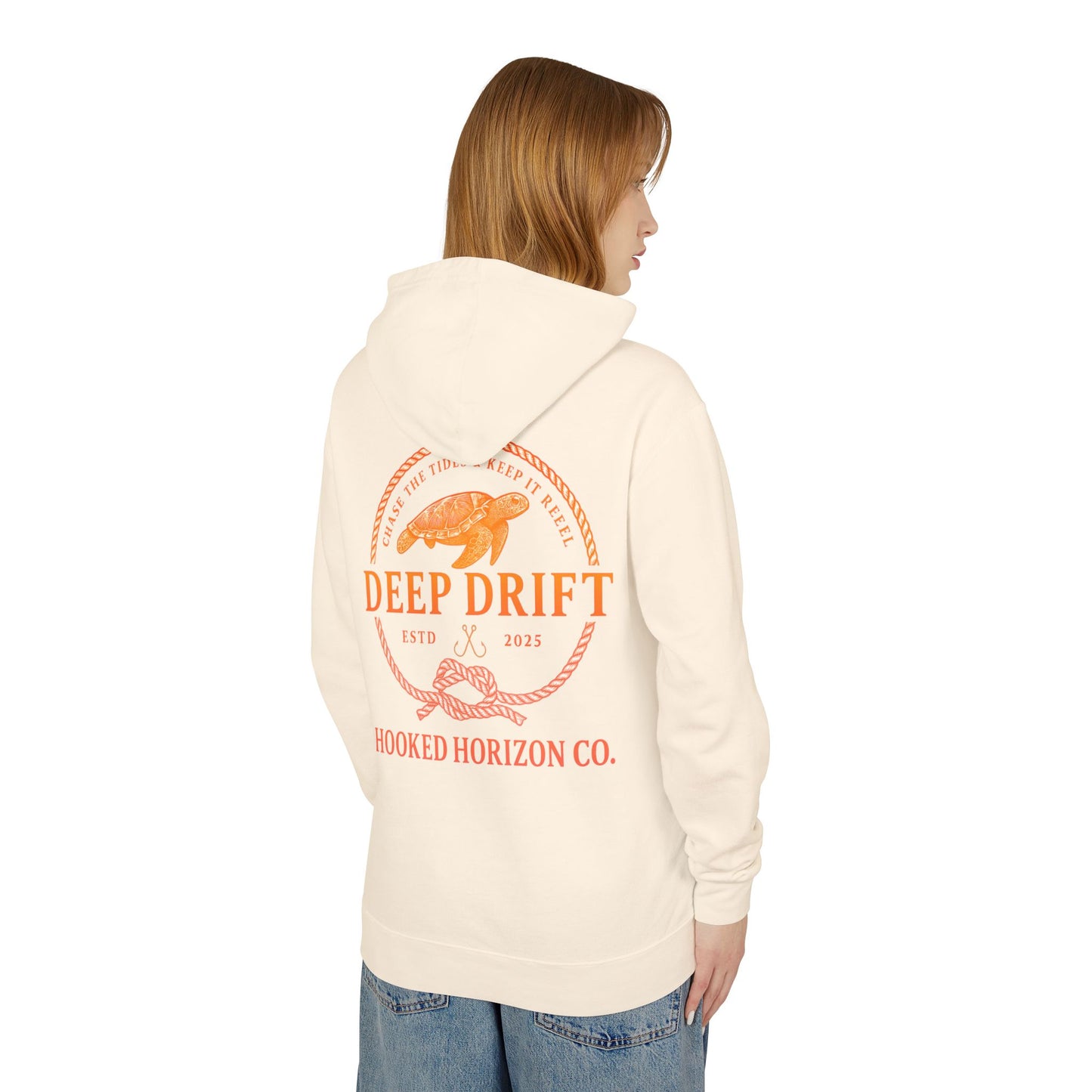 Orange Hooked Horizon Co Unisex Lightweight Hoodie with Deep Drift Design | Perfect for Fishermen, Beach Lovers, Casual Outings, Gift for Him/Her, Nautical Style,  Ocean Lover Gifts