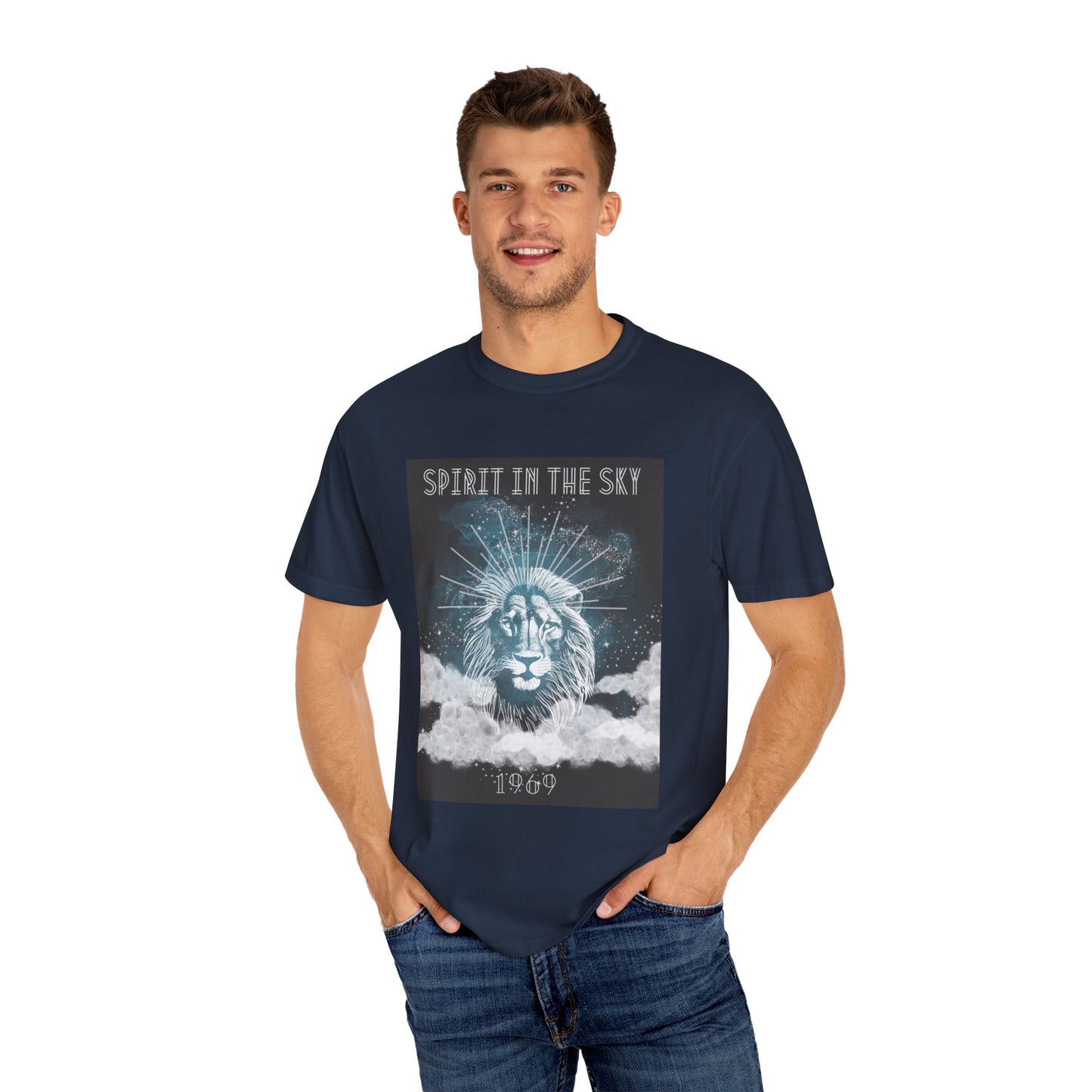 Spirit in the Sky Lion T-Shirt, Unisex Garment-Dyed Tee, Boho Shirt, Festival Apparel, Unique Graphic Tee, Music Lover Gift