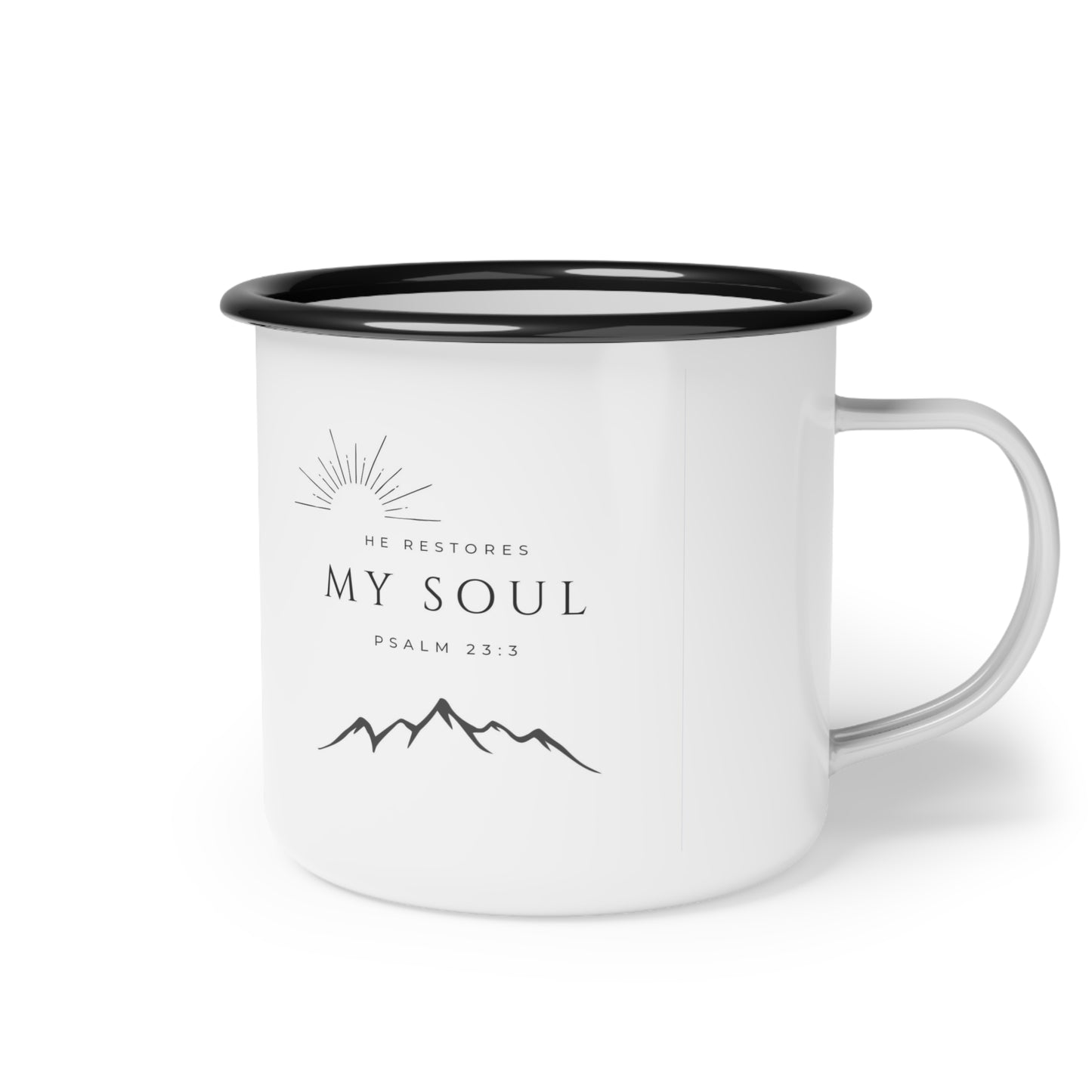 Inspirational Enamel Camp Cup | "He Restores My Soul" Mug for Camping, Hiking, Yoga, Gift for Outdoor Lovers, Bible Verse Decor