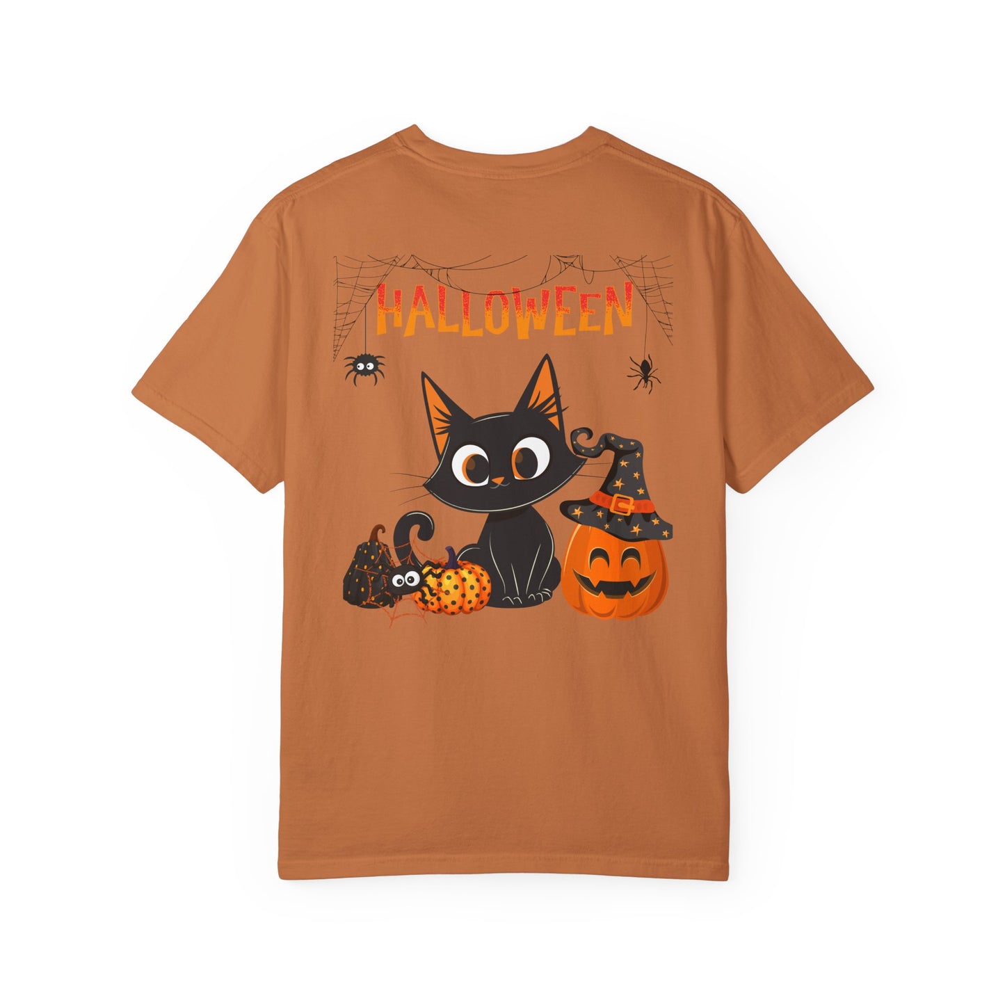 Halloween Spider Cat & Pumpkin Tee Unisex Garment-Dyed T-shirt, Black & White, Vintage Western, Western lover gifts