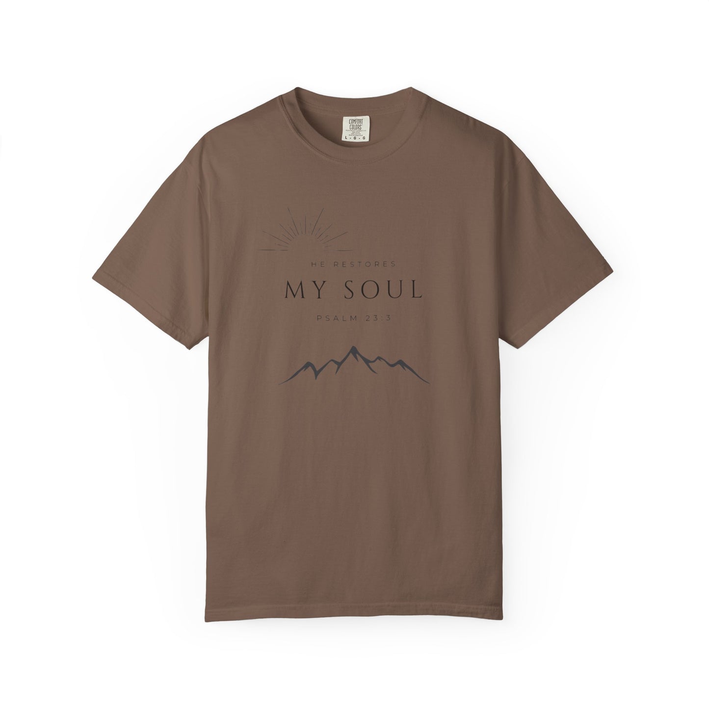 Psalm 23:3 Inspirational Mountain T-Shirt - "He Restores My Soul" Psalm 23:3, Faith Apparel, Christian Gift, Nature Lover Tee, Unisex Cotton Shirt