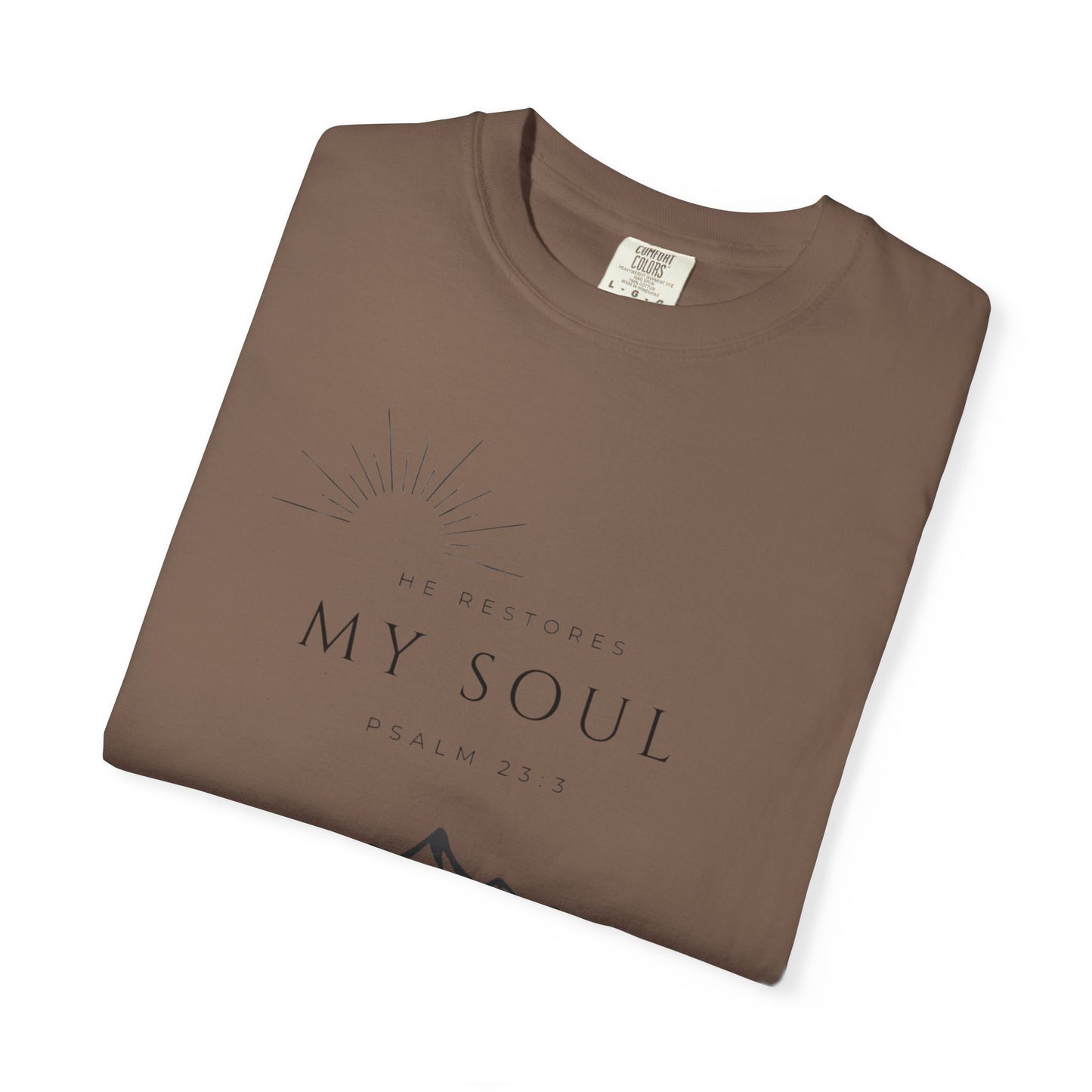 Psalm 23:3 Inspirational Mountain T-Shirt - "He Restores My Soul" Psalm 23:3, Faith Apparel, Christian Gift, Nature Lover Tee, Unisex Cotton Shirt