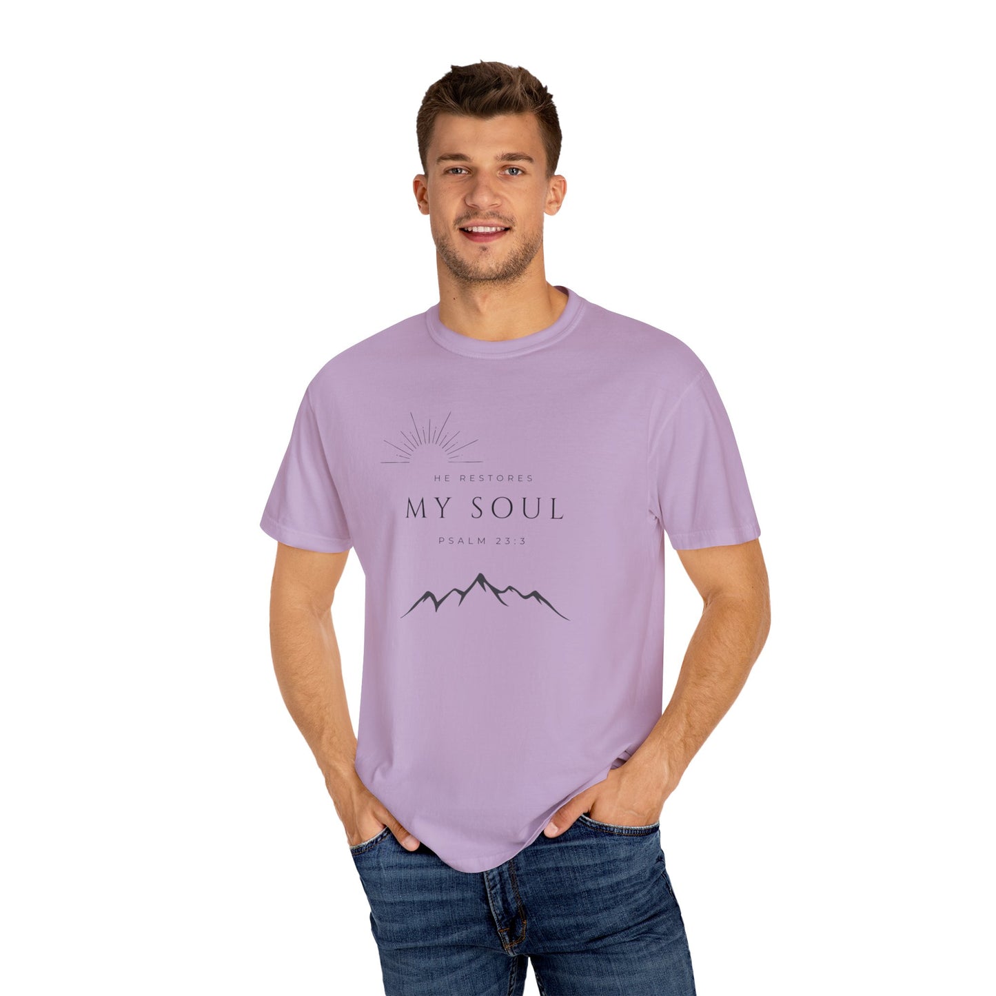 Psalm 23:3 Inspirational Mountain T-Shirt - "He Restores My Soul" Psalm 23:3, Faith Apparel, Christian Gift, Nature Lover Tee, Unisex Cotton Shirt