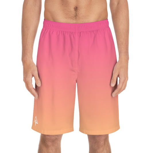 Arrow Ridge Pink To Orange Ombre Men's Ocean-Inspired Board Shorts, Swimwear for Beach Days, Summer Vacations, Pool Parties, Surfing Attire, Water Sports