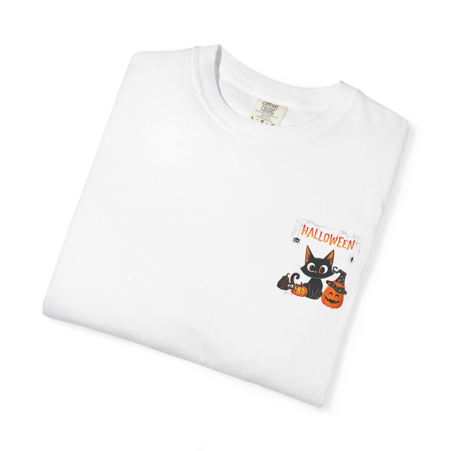 Halloween Spider Cat & Pumpkin Tee Unisex Garment-Dyed T-shirt, Black & White, Vintage Western, Western lover gifts