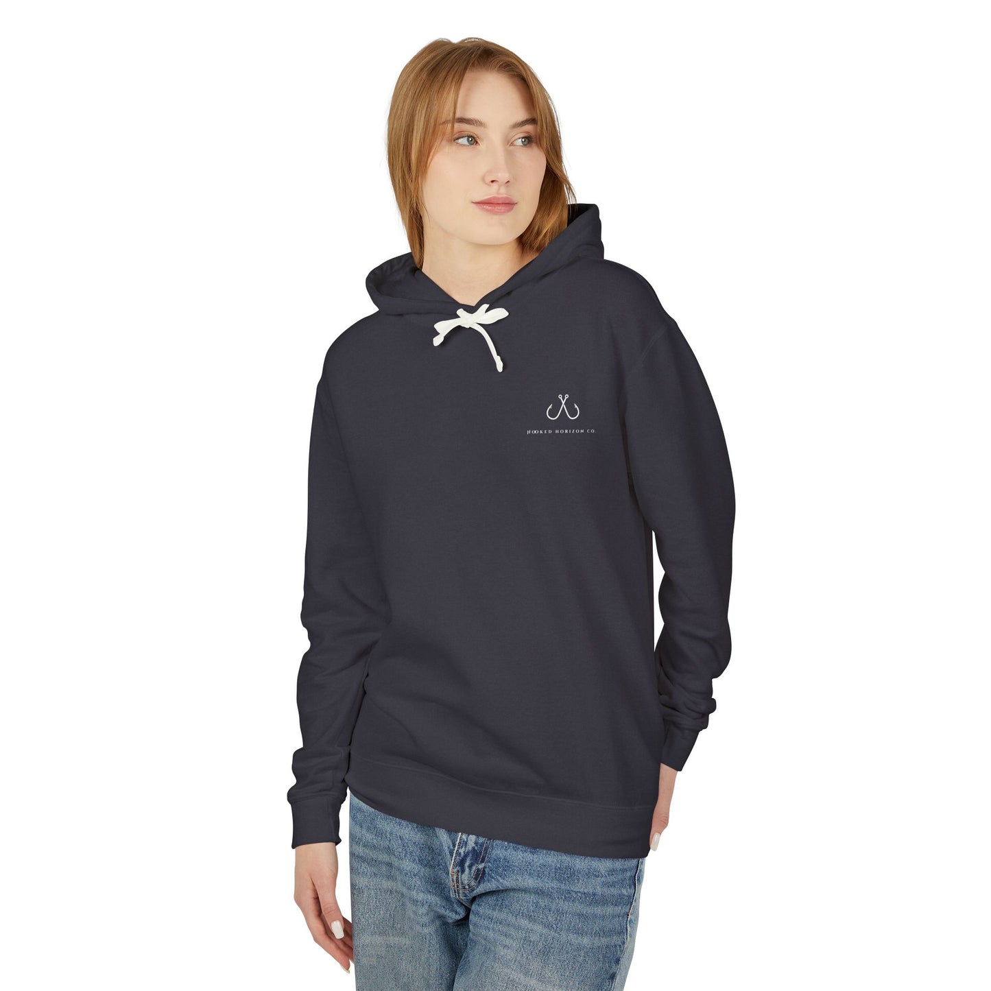 Orange Hooked Horizon Co Unisex Lightweight Hoodie with Deep Drift Design | Perfect for Fishermen, Beach Lovers, Casual Outings, Gift for Him/Her, Nautical Style,  Ocean Lover Gifts