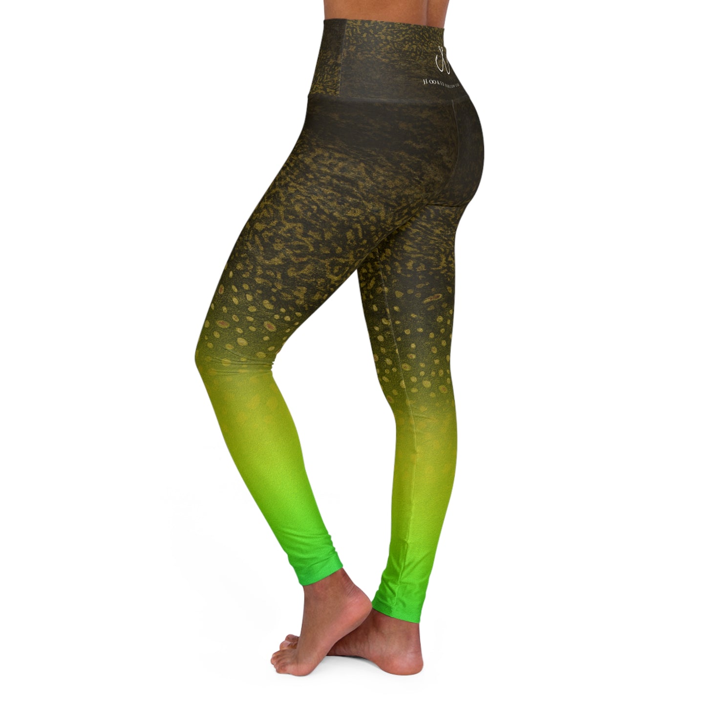 Green Gradient Neon Spotted Fishing High Waisted Yoga Leggings, Hooked Horizon Co,  Deep Drift- Purple, Comfortable Activewear, Fitness Pants, Ideal for Gym, Yoga, and Weekend Brunch