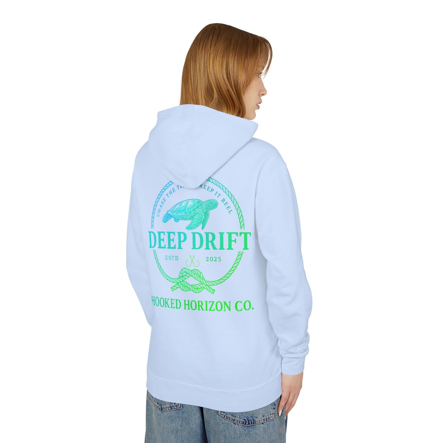 Hooked Horizon Co Green & Blue Unisex Lightweight Hoodie with Deep Drift Design | Perfect for Fishermen, Beach Lovers, Casual Outings, Gift for Him/Her, Nautical Style,  Ocean Lover Gifts