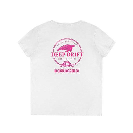 Deep Drift Women's V-Neck Tee - Turtle Pink Casual Style, Gift for Beach Lovers, Summer Wear, Travel Outfit, Comfortable Tee