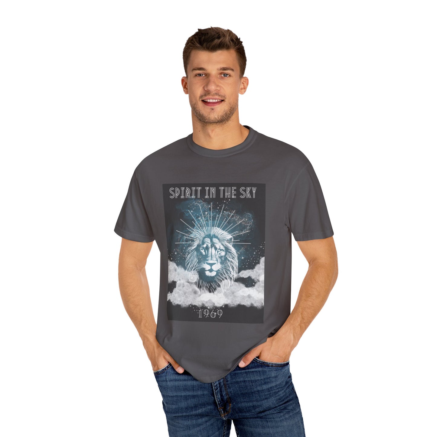 Spirit in the Sky Lion T-Shirt, Unisex Garment-Dyed Tee, Boho Shirt, Festival Apparel, Unique Graphic Tee, Music Lover Gift