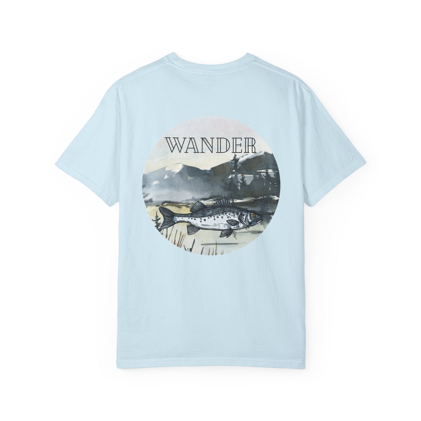 Ready to Run Wander Tee in Black Writing on Front & Image on Back Wildlife Adventure Tee Unisex Garment-Dyed T-shirt, Boho Nature Tee, Camping Shirt, Adventure Apparel, Gift for Wilderness Lovers, Angler Lover Giftd