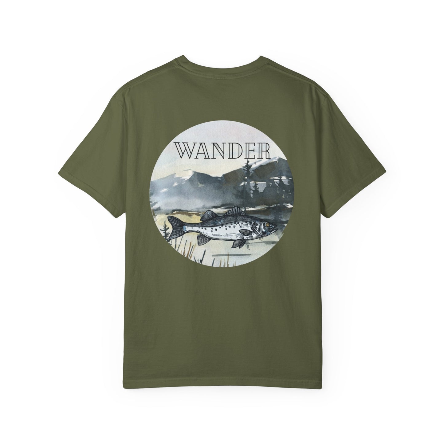 Ready to Run Wander Fishing Tee with White Front Design on Back Wildlife Adventure Tee Unisex Garment-Dyed T-shirt, Boho Nature Tee, Camping Shirt, Adventure Apparel, Gift for Wilderness Lovers, Angler Lover Giftd