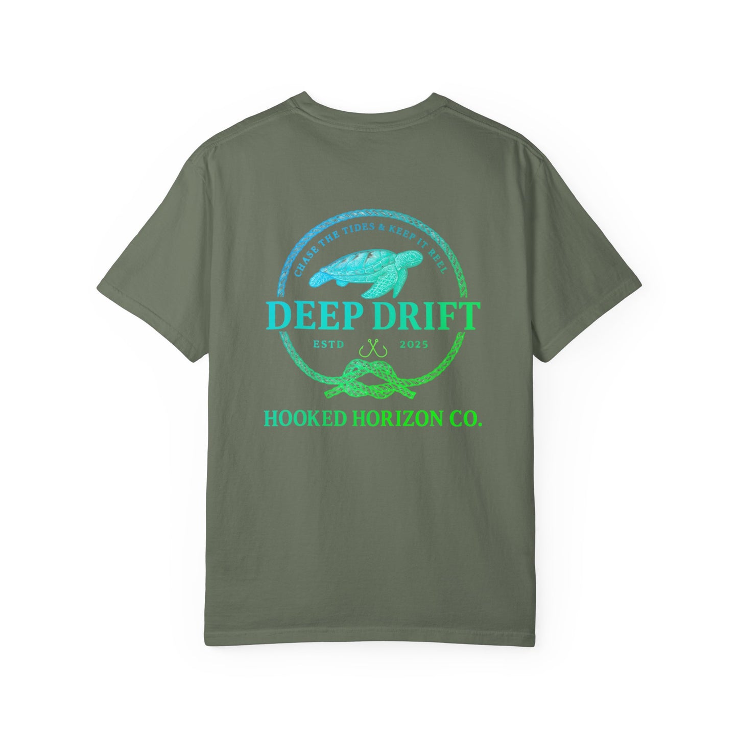 Deep Drift Fishing T-Shirt - Green & Blue Fishing Tee for Angler Lovers, Hammer Head Shark, Ocean Tee
