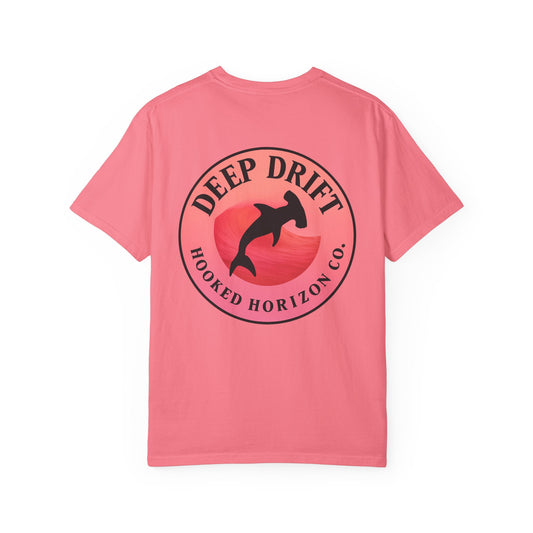 Deep Drift Fishing T-Shirt - Pink & Peach Fishing Tee for Angler Lovers, Pink Ombre, Hammer Head Shark Tee, Ocean-inspired