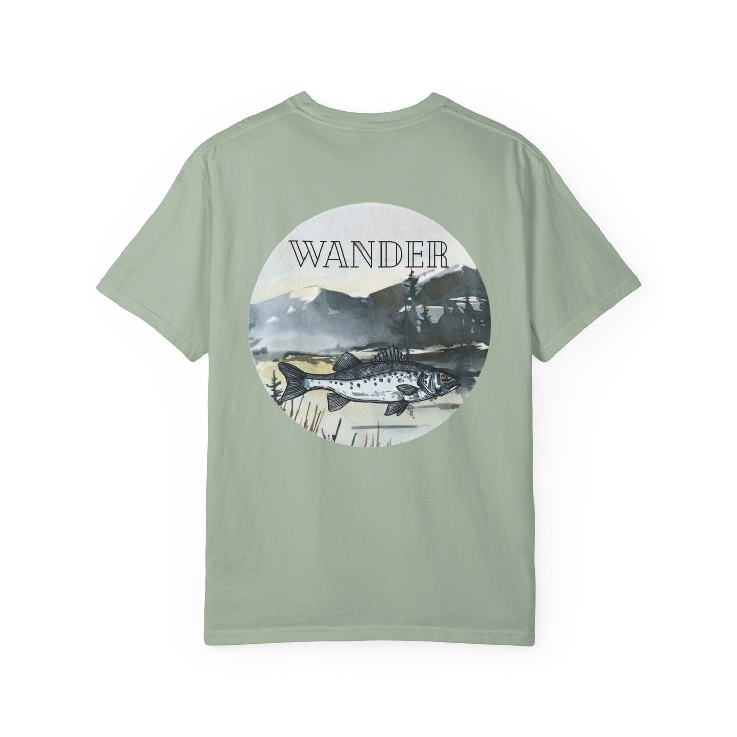 Ready to Run Wander Tee in Black Writing on Front & Image on Back Wildlife Adventure Tee Unisex Garment-Dyed T-shirt, Boho Nature Tee, Camping Shirt, Adventure Apparel, Gift for Wilderness Lovers, Angler Lover Giftd