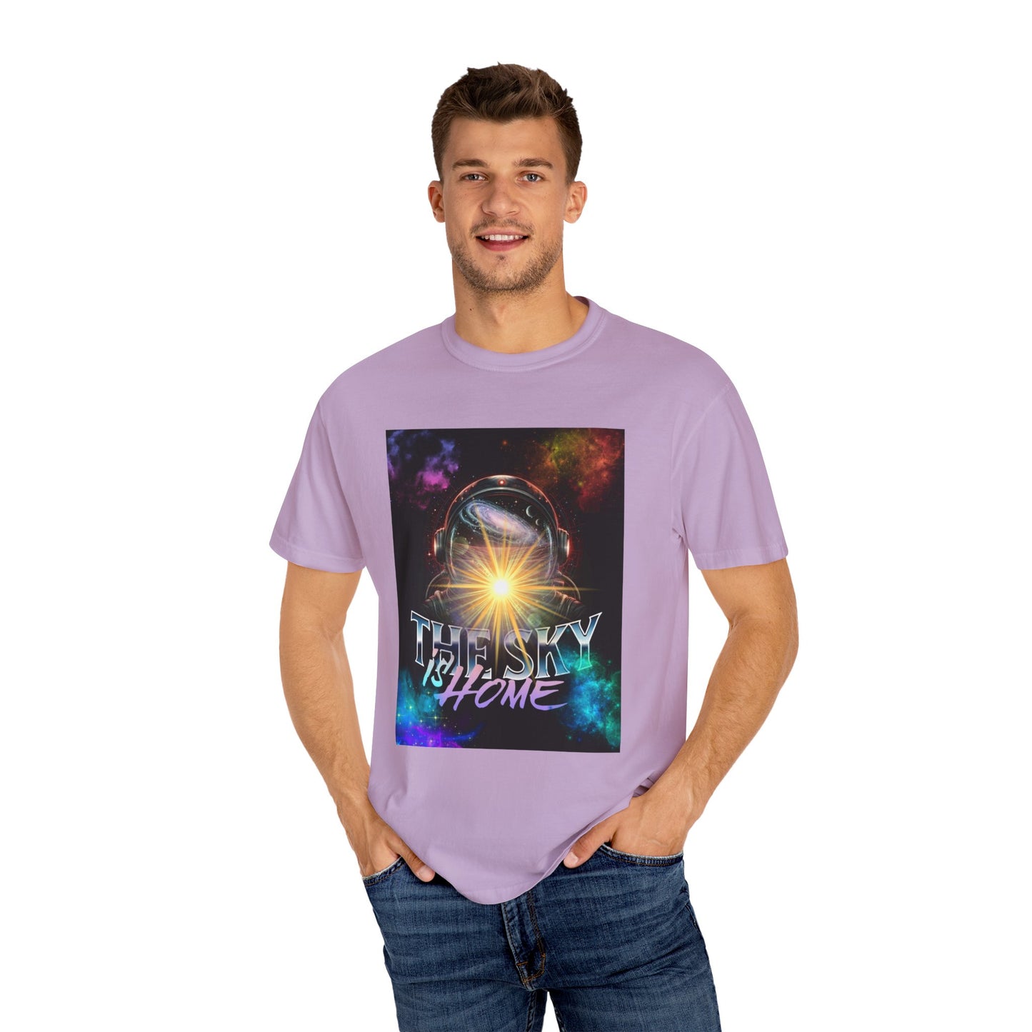 Cosmic Vibe T-Shirt: The Sky is Home Unisex Garment-Dyed Tee, Cute Graphic Shirt, Space Lover Gift, Casual Wear, Art Tee