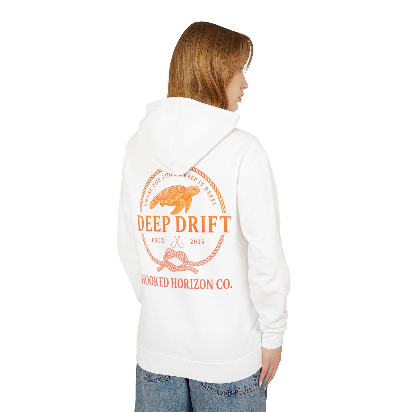 Orange Hooked Horizon Co Unisex Lightweight Hoodie with Deep Drift Design | Perfect for Fishermen, Beach Lovers, Casual Outings, Gift for Him/Her, Nautical Style,  Ocean Lover Gifts