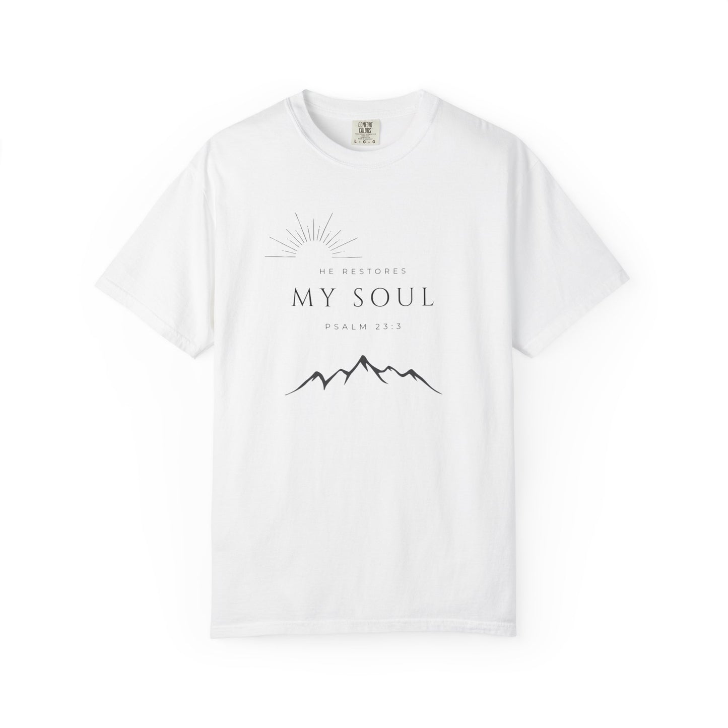 Psalm 23:3 Inspirational Mountain T-Shirt - "He Restores My Soul" Psalm 23:3, Faith Apparel, Christian Gift, Nature Lover Tee, Unisex Cotton Shirt