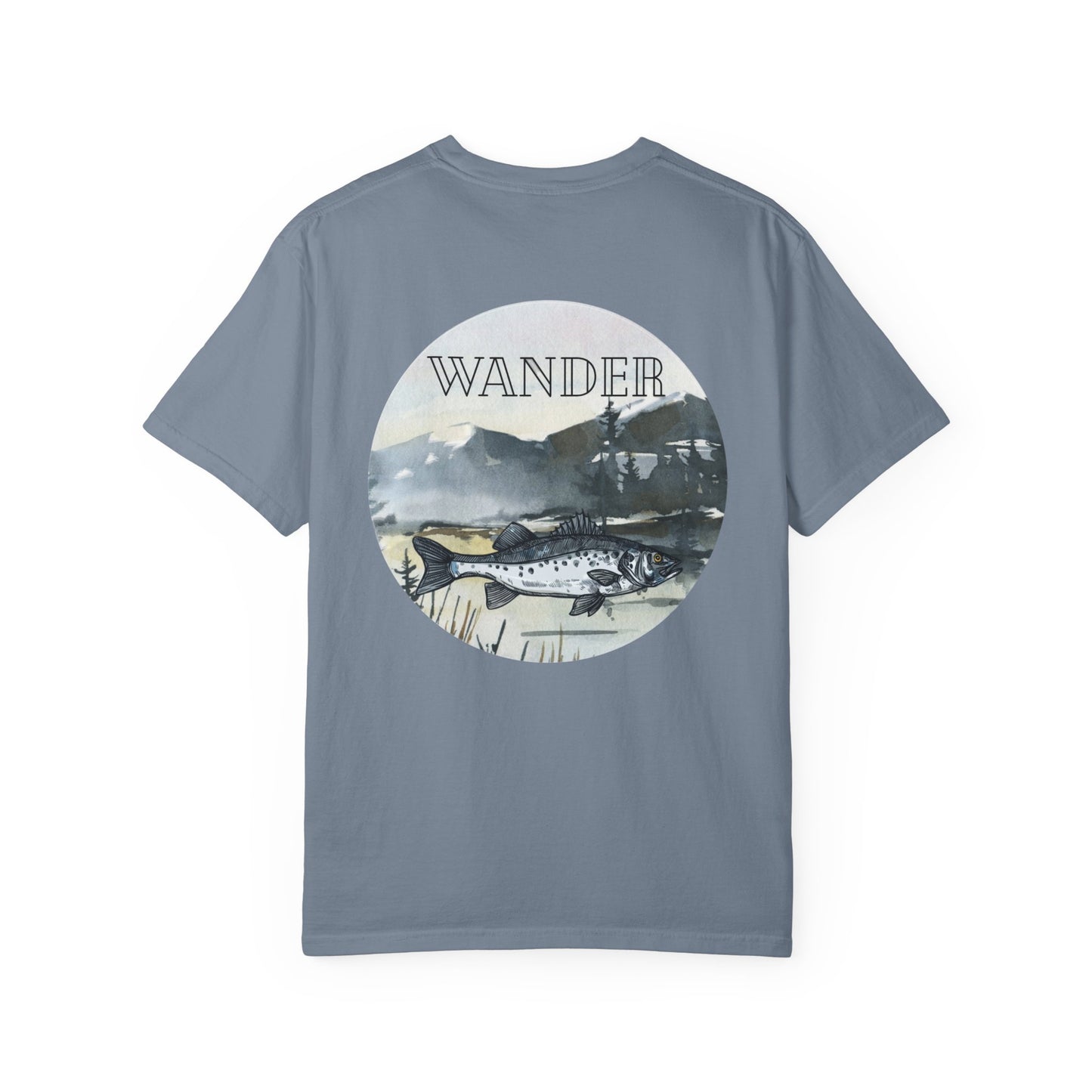 Ready to Run Wander Tee in Black Writing on Front & Image on Back Wildlife Adventure Tee Unisex Garment-Dyed T-shirt, Boho Nature Tee, Camping Shirt, Adventure Apparel, Gift for Wilderness Lovers, Angler Lover Giftd