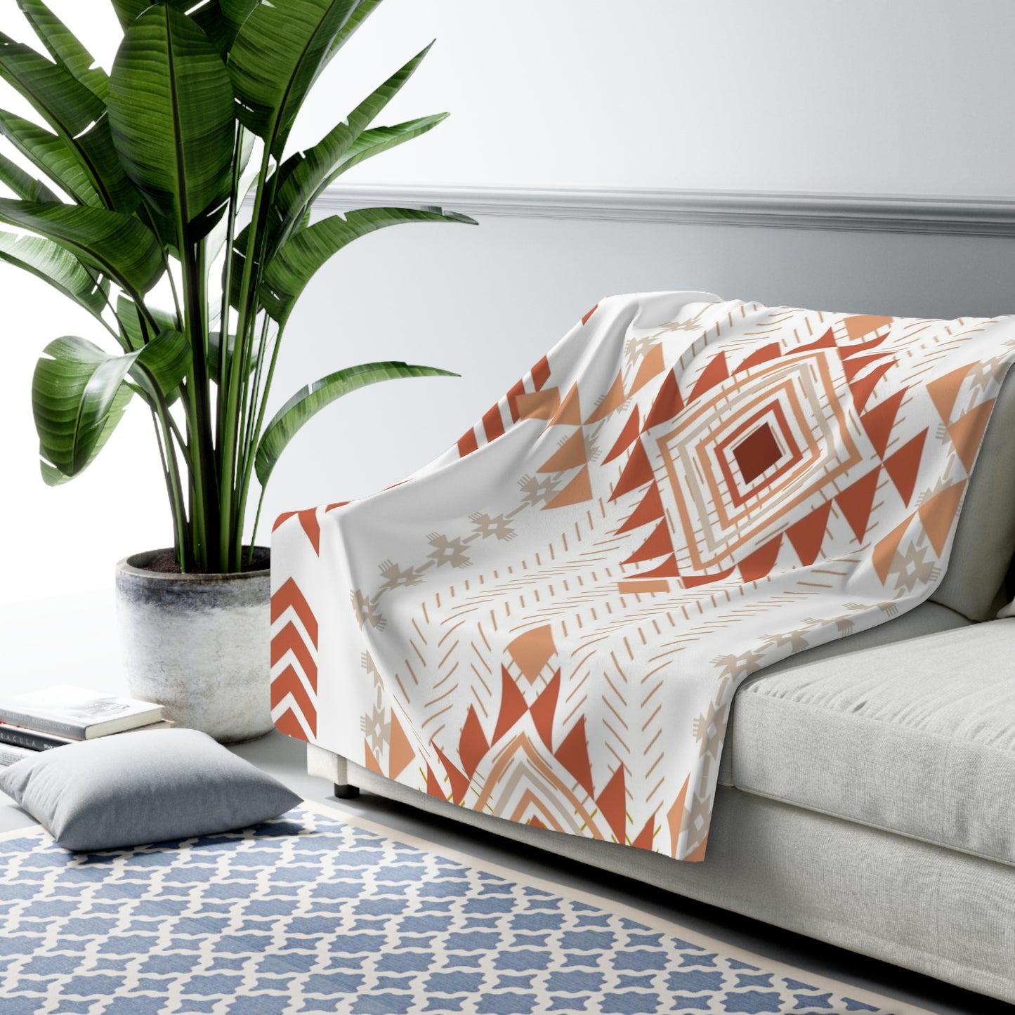 Navajo Orange Sherpa Fleece Blanket - Modern Tribal Design, Perfect for Home Decor, Gift for Him/Her, Winter Warmth, Beach Blanket