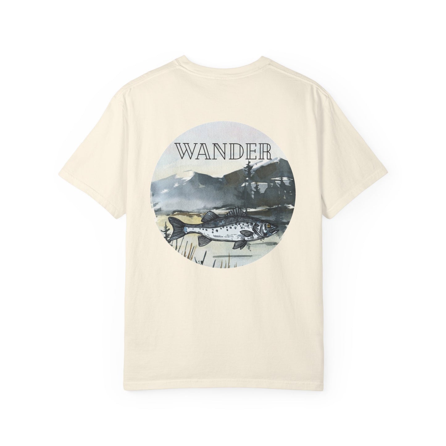 Ready to Run Wander Fishing Tee with White Front Design on Back Wildlife Adventure Tee Unisex Garment-Dyed T-shirt, Boho Nature Tee, Camping Shirt, Adventure Apparel, Gift for Wilderness Lovers, Angler Lover Giftd