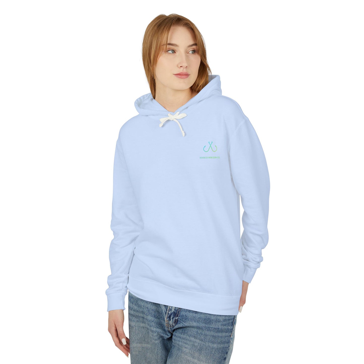 Hooked Horizon Co Green & Blue Unisex Lightweight Hoodie with Deep Drift Design | Perfect for Fishermen, Beach Lovers, Casual Outings, Gift for Him/Her, Nautical Style,  Ocean Lover Gifts