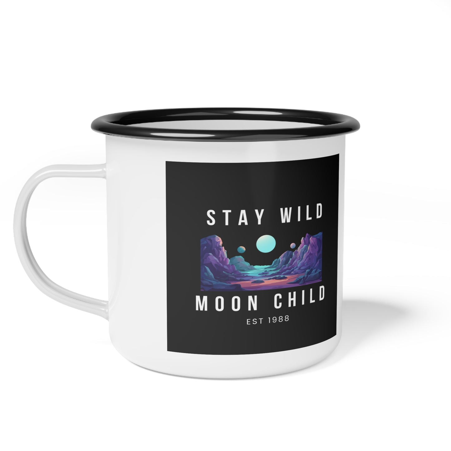 Stay Wild Moon Child Enamel Camp Cup, Camping Mug, Outdoor Adventure Cup, Celestial Mug, Gift for Nature Lovers
