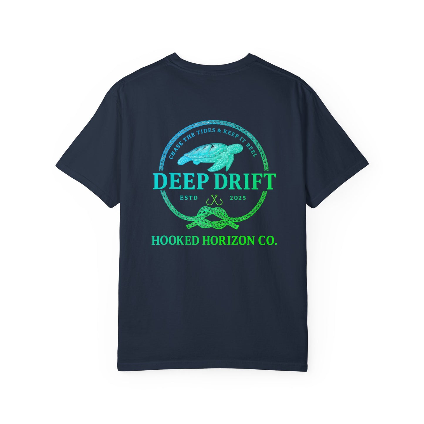 Deep Drift Fishing T-Shirt - Green & Blue Fishing Tee for Angler Lovers, Hammer Head Shark, Ocean Tee