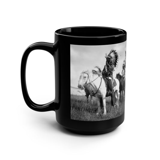 Vintage Native American Crow Mug, 15oz Black Coffee Cup, Gift for Horse Lovers, Boho Decor, Tribal Art, Black and White Photography