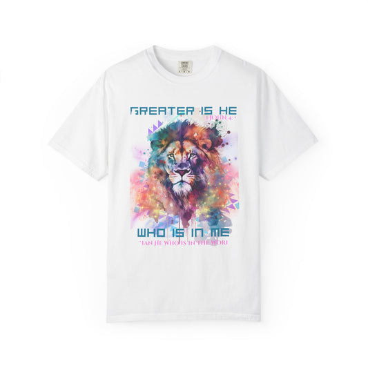 1 John 4:4 Inspirational Lion Graphic Tee, Spiritual T-shirt for Faith, Church Events, Gift for Lion Lovers, Positive Vibes, Motivational Apparel,