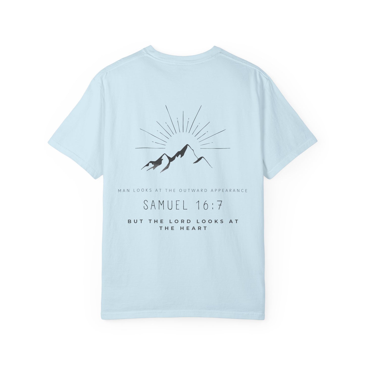 Samuel 16:7 in Black Inspirational Graphic T-Shirt, Christian Tee, Faith-Based Apparel, Gift for Believers, Casual Wear, Summer Essential