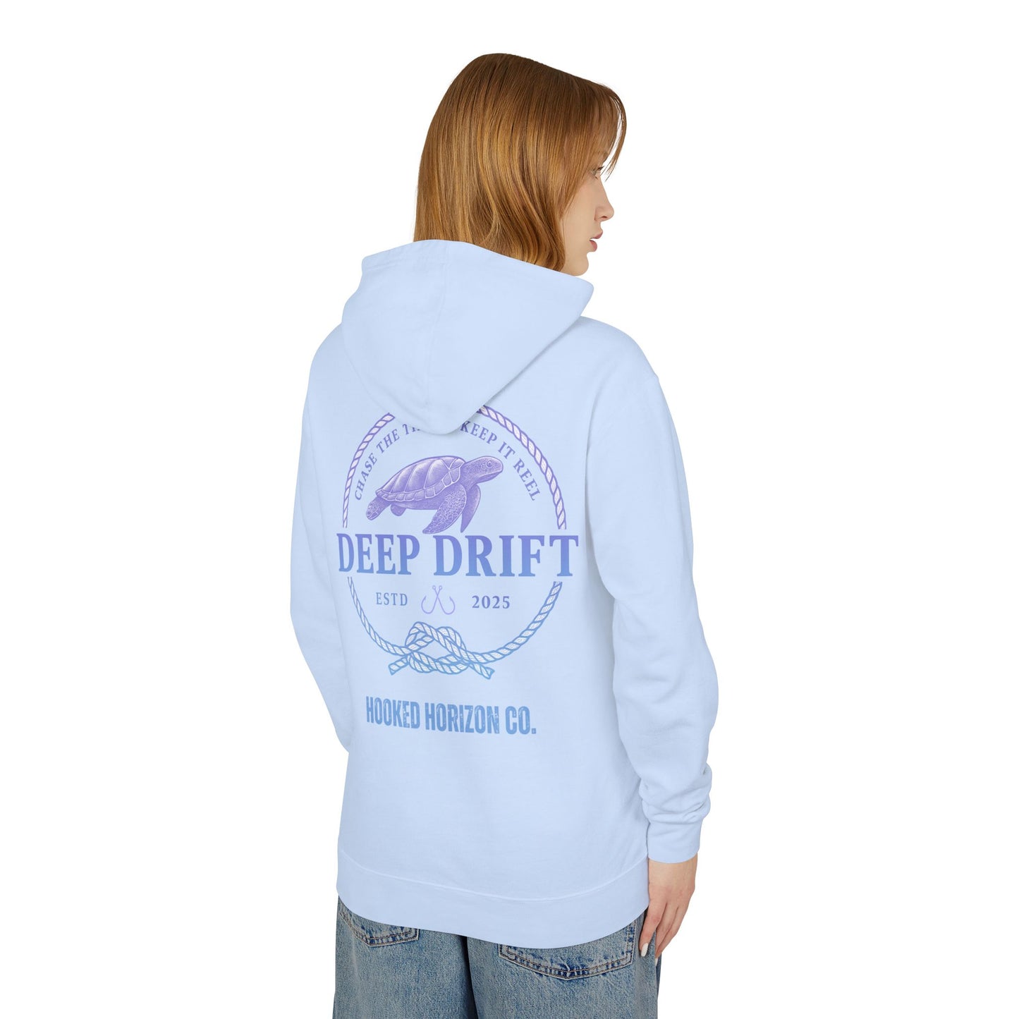 Purple To Blue Hooked Horizon Co Unisex Lightweight Hoodie with Deep Drift Design | Perfect for Fishermen, Beach Lovers, Casual Outings, Gift for Him/Her, Nautical Style,  Ocean Lover Gifts