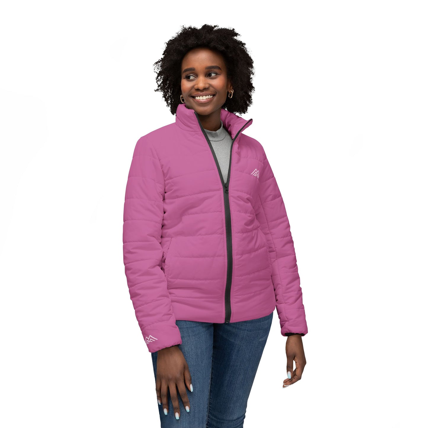 Light Pink Blue Double Mountain Stylish Women’s Puffer Jacket, Cozy Outerwear for Winter, Perfect Gift for Her, AOP Jacket for Everyday Wear, Warm Fashion Statement