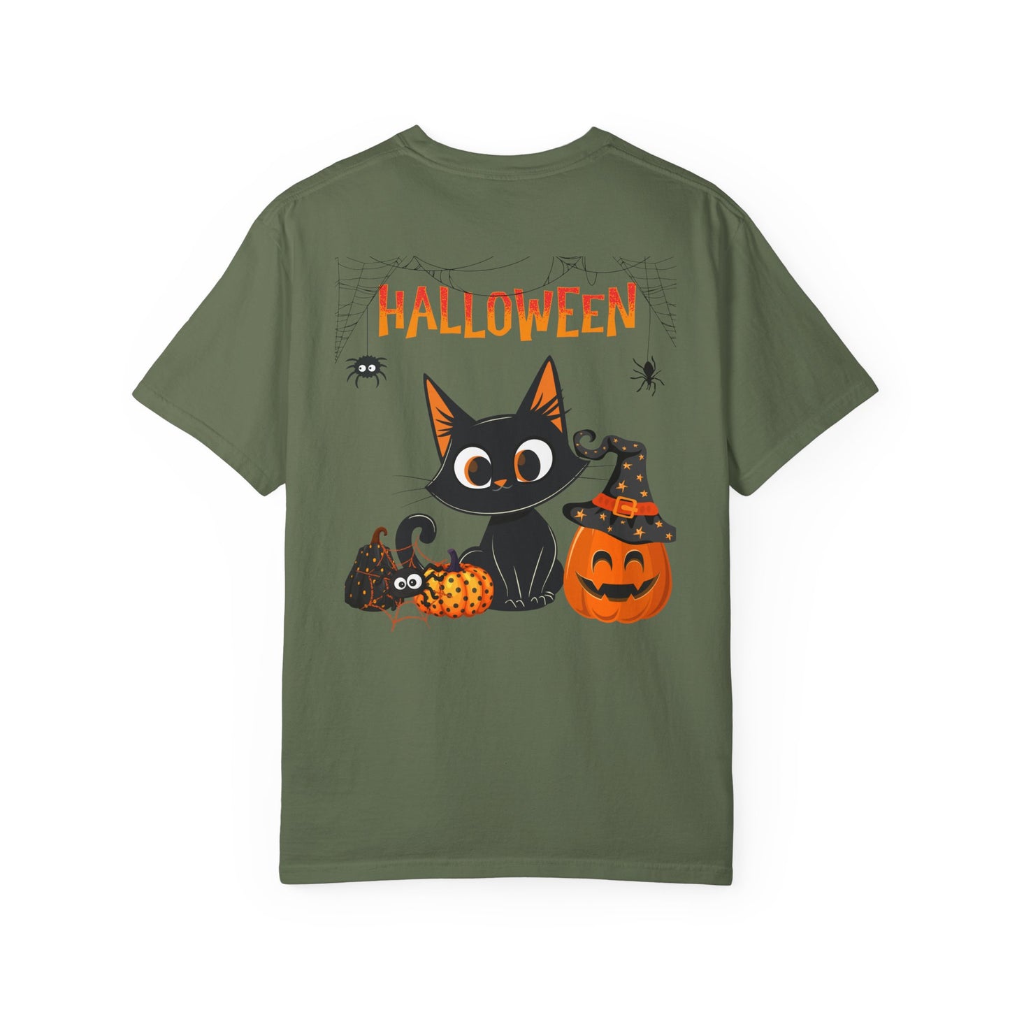 Halloween Spider Cat & Pumpkin Tee Unisex Garment-Dyed T-shirt, Black & White, Vintage Western, Western lover gifts