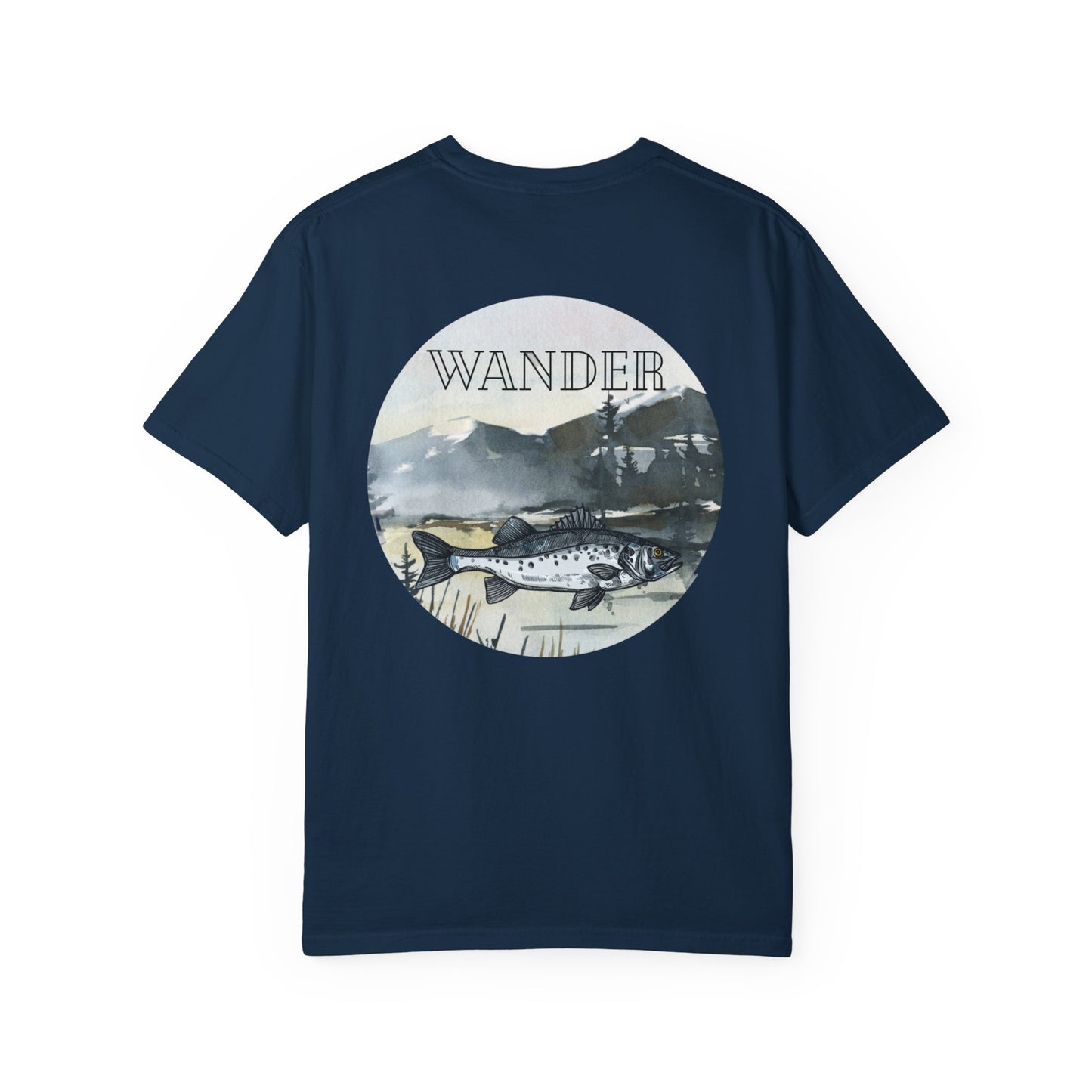 Ready to Run Wander Fishing Tee with White Front Design on Back Wildlife Adventure Tee Unisex Garment-Dyed T-shirt, Boho Nature Tee, Camping Shirt, Adventure Apparel, Gift for Wilderness Lovers, Angler Lover Giftd