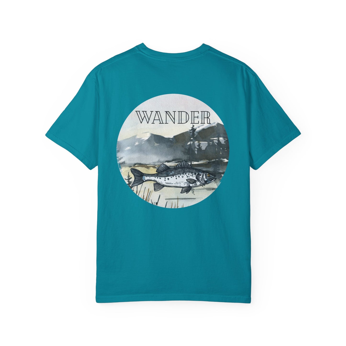 Ready to Run Wander Fishing Tee with White Front Design on Back Wildlife Adventure Tee Unisex Garment-Dyed T-shirt, Boho Nature Tee, Camping Shirt, Adventure Apparel, Gift for Wilderness Lovers, Angler Lover Giftd