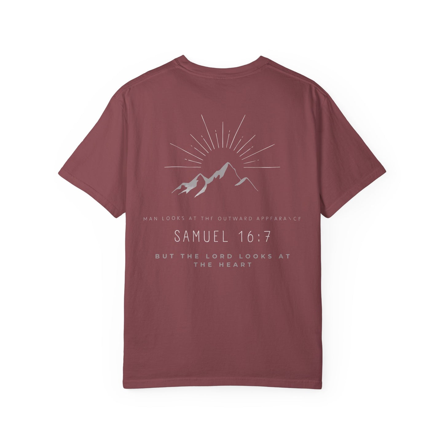 Samuel 16:7 in White/Gray Unisex Garment-Dyed T-Shirt, Casual Wear, Christian Apparel, Gifts for Him/Her, Prayer Shirt, Everyday Style